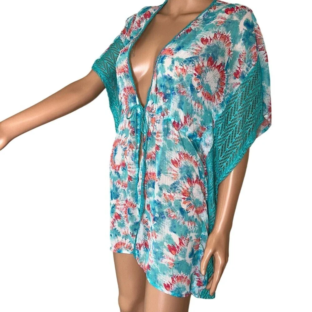 Miken Swim coverup open front single tassel tie dyed wide sleeve wide SZ SM teal